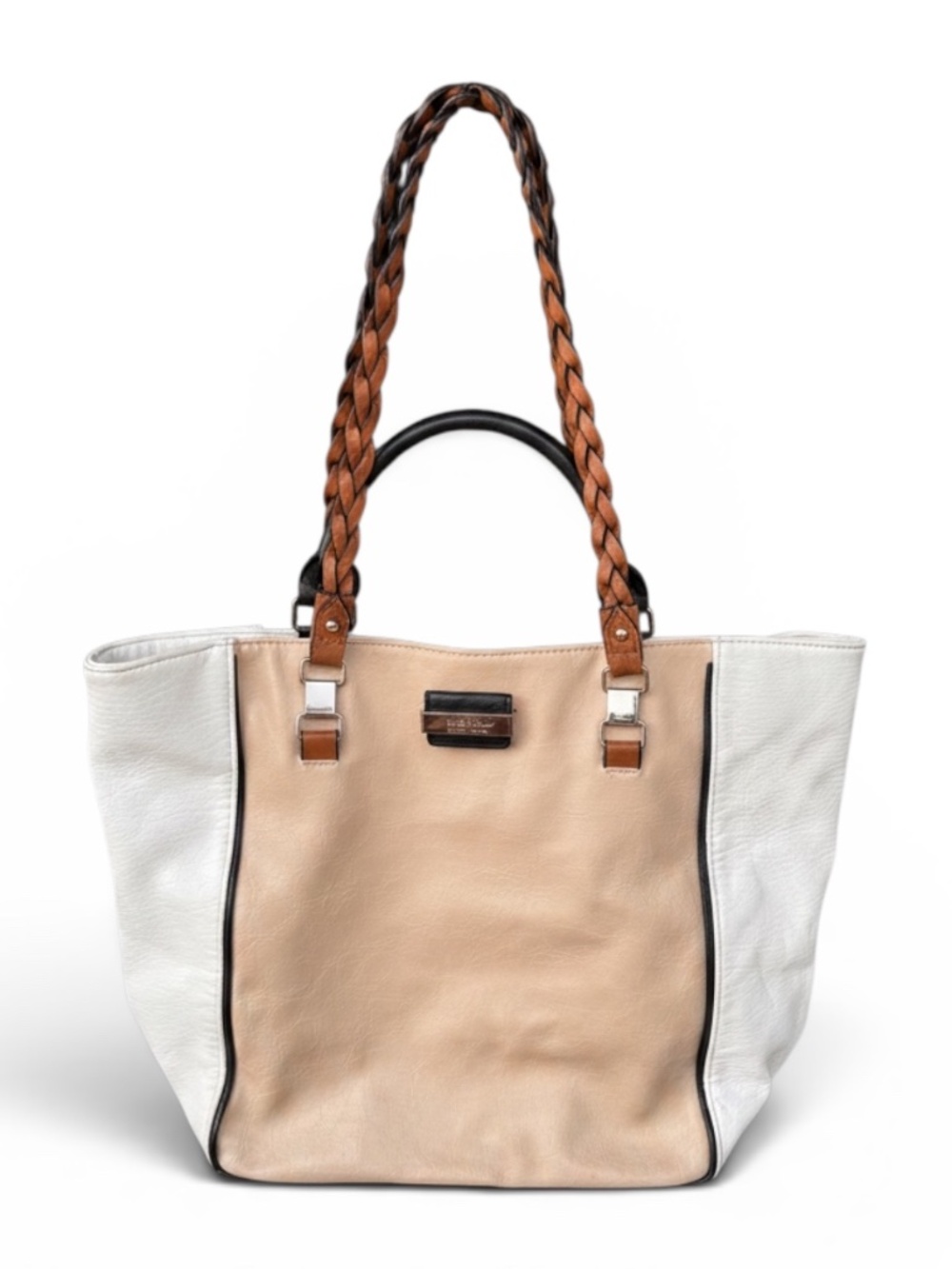 Nicole Miller Colorblock Tote Cream White Brown Braided Shoulder Bag
